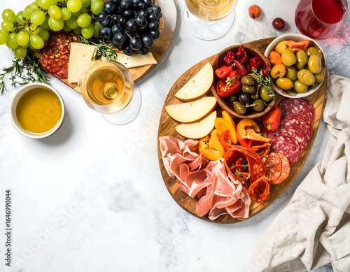 Assorted appetizers and drinks on a marble surface.  A colorful charcuterie board with grapes, cheese, meats, fruits, and olives