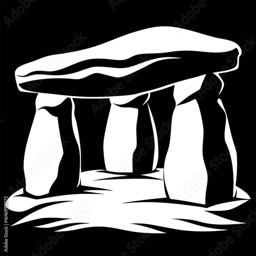 Photo of dolmen, a prehistoric megalithic stone structure, on black