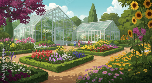 Beautiful Greenhouse Garden with Colorful Flowers and Sunflowers