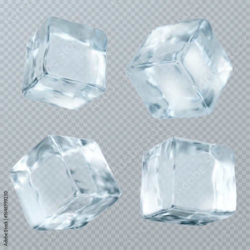 Transparent ice cubes with crystal clear surfaces and realistic frozen texture for beverage industry presentations. Melting blocks in different angles and shapes. Professional cold drink assets.