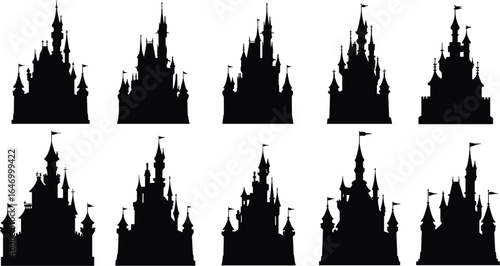 Majestic collection of fairytale castle silhouettes, featuring iconic spires, towers, and flags for fantasy, magic, and royal-themed designs.