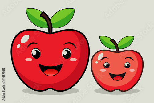 Two happy cartoon apples smiling together on a light gray background