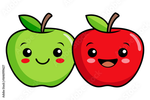 Two adorable kawaii apples one green and one red smiling happily