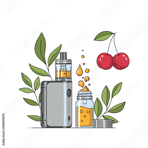 Illustrative depiction of a compact vaporizing device with a cherry flavored e-liquid and natural botanical elements for a refreshing vaping experience