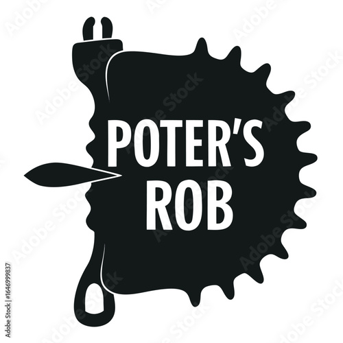 Photo of bold black logo featuring the text poters rob in white, with a distinctive spiky shape and abstract elements