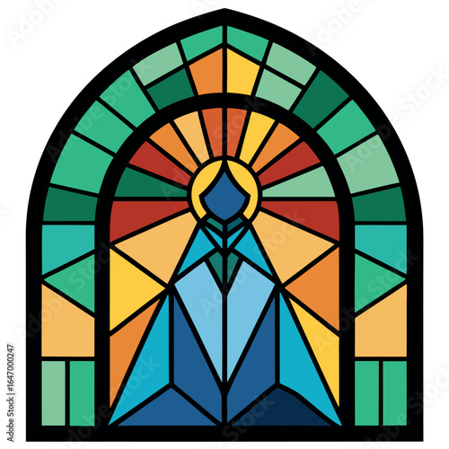 Photo of arched stained glass window depicting a radiant figure with geometric patterns and vibrant colors