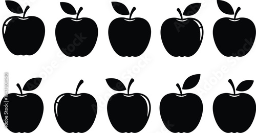 A diverse collection of apple silhouette vectors, showcasing various shapes and leaf styles, perfect for food, health, and graphic design projects.