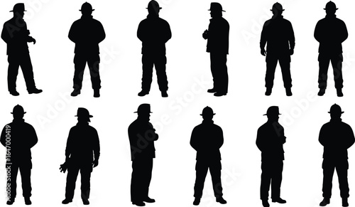 Multiple vector silhouettes of firefighters in helmets and turnout gear, depicting various standing poses and actions for emergency services design.