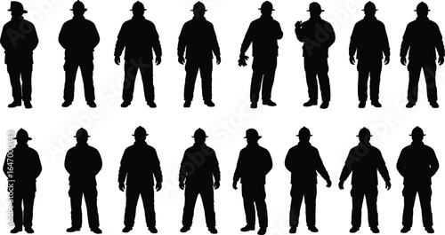 Multiple vector silhouettes of firefighters in helmets and turnout gear, depicting various standing poses and actions for emergency services design.