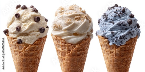 Three scoops of ice cream in waffle cones, featuring different flavors