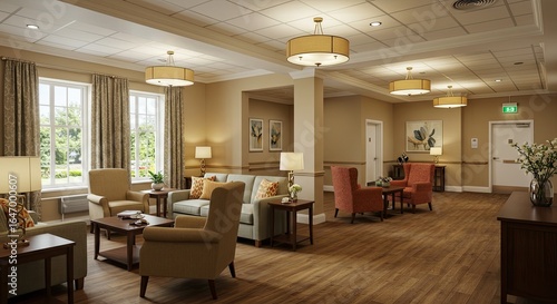 Inviting and comfortable senior living lounge area with warm lighting, elegant furnishings, and a welcoming atmosphere for residents and visitors