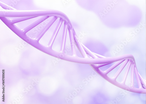 DNA helix strand spirals with purple gradient for medical or science backgrounds. Genetic double structure twists on pastel bg. Molecular biology visualization for research and healthcare presentation