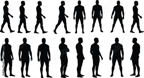 Vector silhouette collection of walking and standing male figures, various body poses, movements, and gestures for human motion study.
