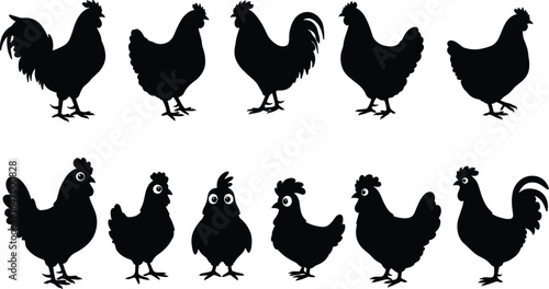 Set of farm bird silhouettes, with chicken, hen, rooster, and cartoon chick characters, an isolated black vector animal collection.