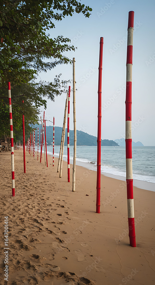 Fototapeta premium A line of red and white striped poles stands on a sandy beach near the ocean, with trees and distant islands visible.
