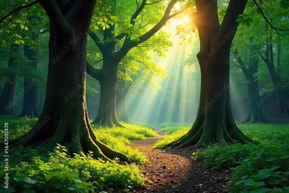 Naklejka premium Tranquil Sun-Dappled Forest Ancient Trees Reach for the Sky, Lush Green Undergrowth Perfect for Environmental Projects