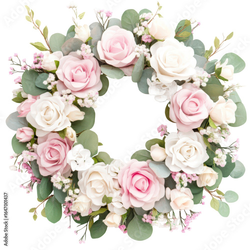 A stunning floral wreath featuring pink and white roses, perfect for any occasion.