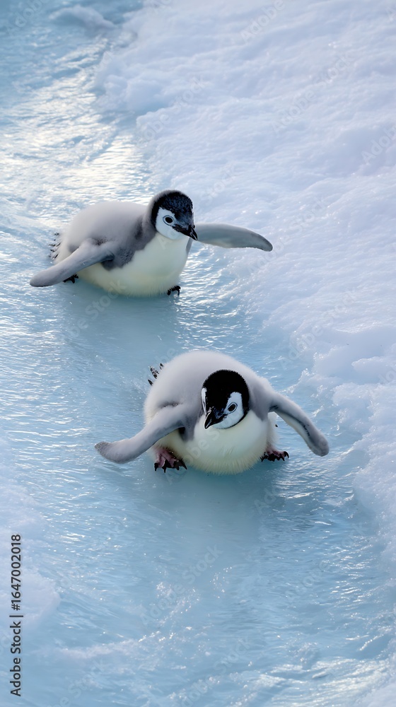 Fototapeta premium Two adorable emperor penguin chicks waddle on icy terrain.