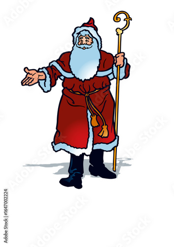 Happy Santa Claus with a big white beard and dressed in red and white