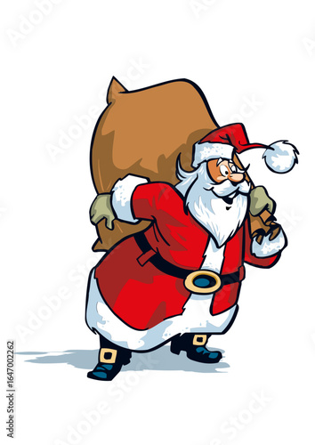 Santa Claus (Father Christmas) is carrying a heavy sack of gifts.