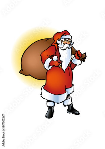 Santa Claus (Father Christmas) is carrying a heavy sack of gifts.