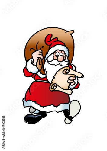 Santa Claus reads a wish list while carrying a large sack of gifts
