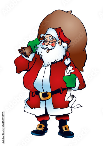 Santa Claus (Father Christmas) is carrying a heavy sack of gifts.