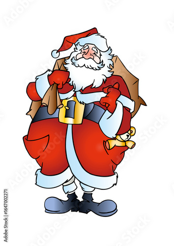 Santa Claus (Father Christmas) is carrying a heavy sack of gifts.