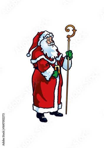 Santa Claus with a big white beard and dressed in red and white