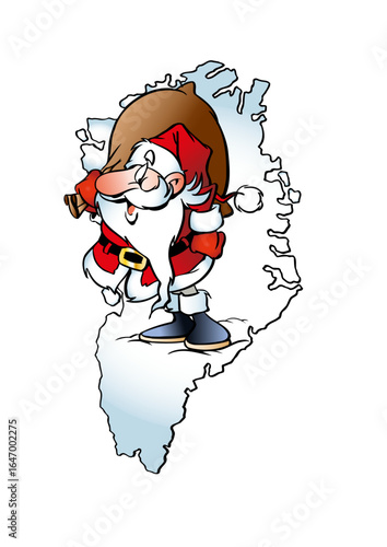 Santa Claus standing on a line drawing of Greenland carrying a very large and heavy sack of gifts standing