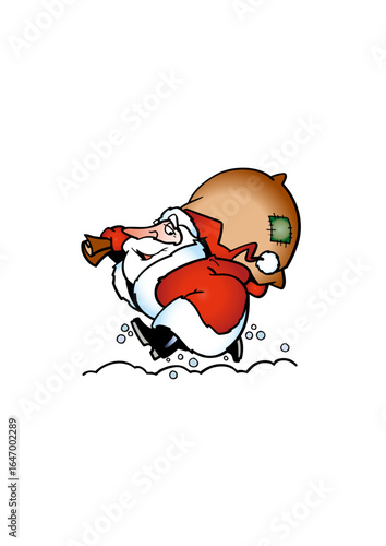 Santa Claus (Father Christmas) is carrying a heavy sack of gifts.