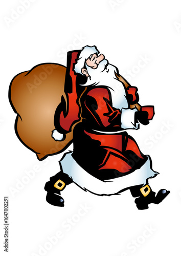 Santa Claus (Father Christmas) is carrying a very large and heavy sack of gifts.