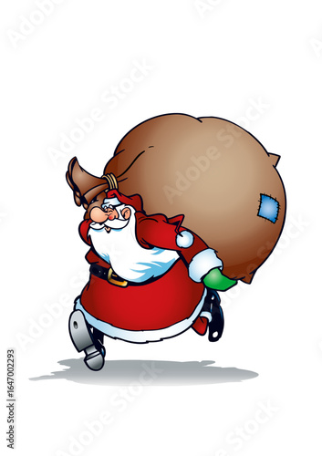 Santa Claus (Father Christmas) is carrying a very large and heavy sack of gifts.
