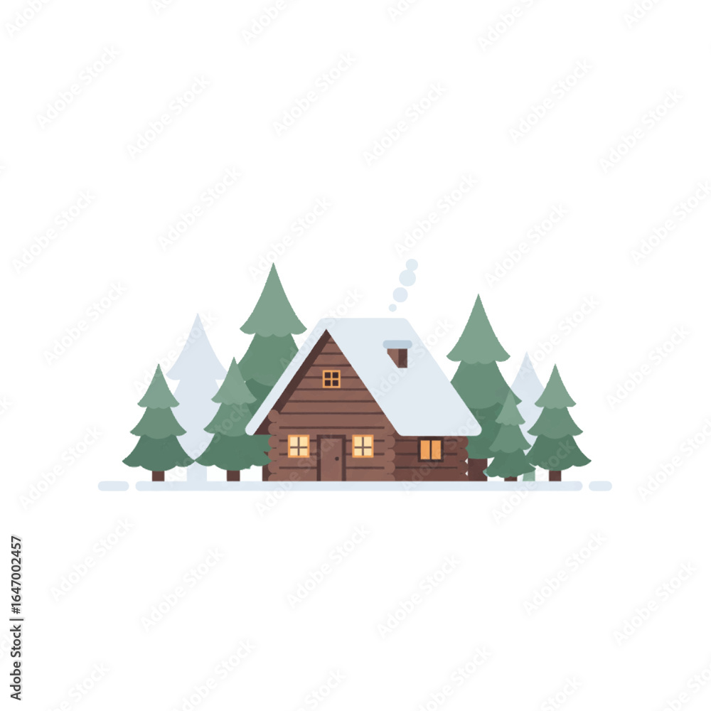 Fototapeta premium Cozy Snow-Covered Log Cabin in Winter Forest