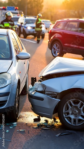 Car Crash Scene with Emergency Responders Investigating Vehicle Accident on Roadway with Damaged Cars and Broken Glass Showing Severity of the Impact