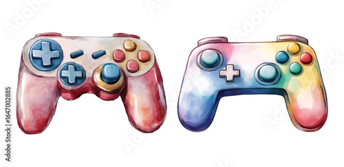 Watercolor illustration of two video game controllers in vibrant colors vector transparent background cutout