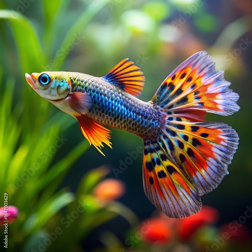 Colorful Guppy Fish with Fan- Shaped Tail freshwater fish
