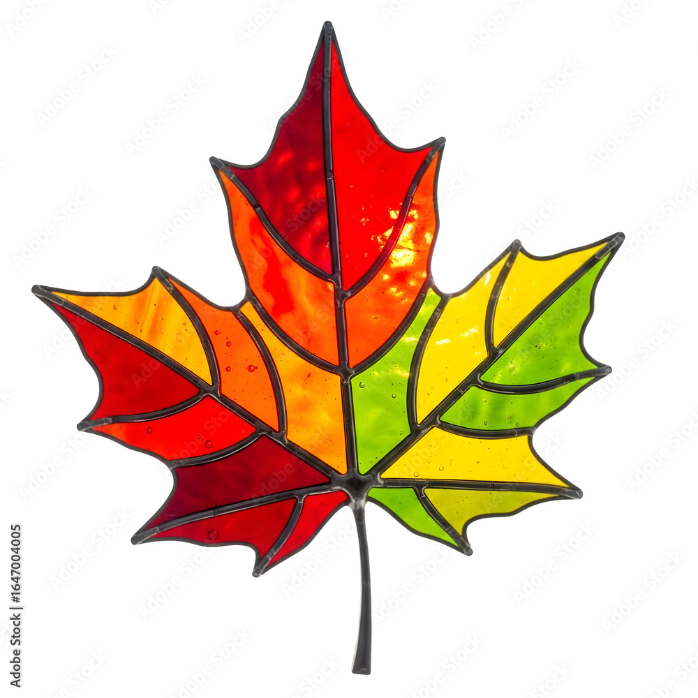 Fototapeta premium Classic stained glass maple leaf with vibrant red, orange, and yellow autumn colors, isolated on a transparent background.