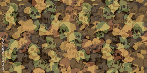 Skull-themed camo background in army green. Seamless repeating pattern. Stock vector illustration.