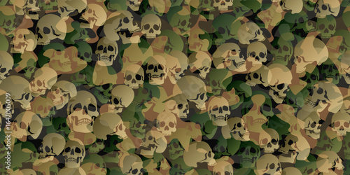 Seamless abstract skull camo pattern. Military-style green camouflage. Vector background for design projects.