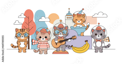 Charming cartoon cats in astronaut helmets enjoying a whimsical space adventure with musical instruments and tropical fruits
