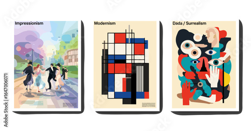 A vibrant collection of posters illustrating the evolution of art from Impressionism to Modernism and Surrealism.