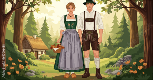 Charming illustration of a young couple wearing traditional alpine folk costumes in a scenic forest landscape