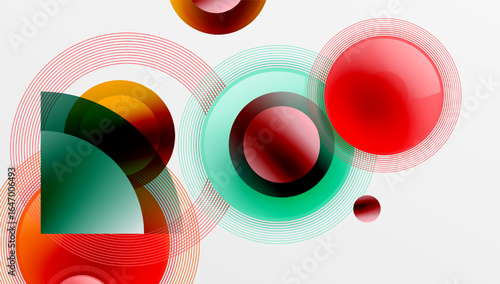 Abstract composition. Overlapping circles, lines create dynamic visual effect. Red, teal, orange hues dominate design. Modern, geometric style.