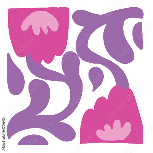 Modern abstract illustration of stylized flowers and organic shapes in a minimalist pink and purple design.