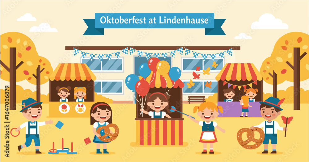 Fototapeta premium Oktoberfest at Lindenhause Illustration Festive Fall Fair with Children