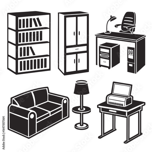 Black and white icons of office furniture including desks chairs and bookshelves office chair