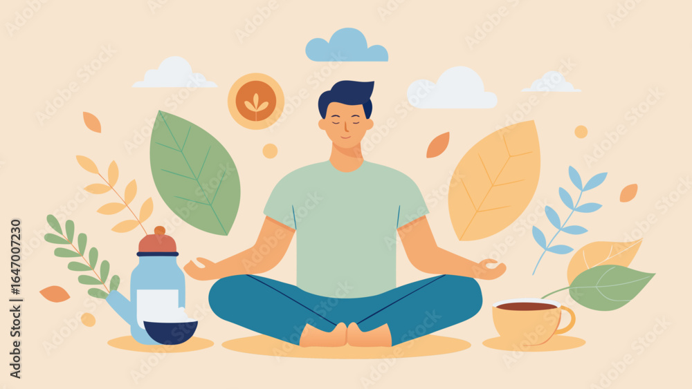 Fototapeta premium Man meditating in nature surrounded by leaves, tea, and wellness elements in a calm pastel illustration