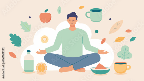 Man meditating in nature surrounded by herbal teas, supplements, and clean food in a calm pastel illustration