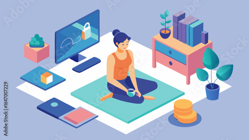 Woman practicing mindfulness with tea in a cozy home workspace surrounded by plants and gadgets